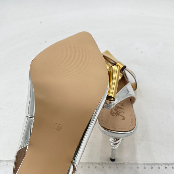 NWOT Silver Pointed Toe Slingback Slip on Dress Pumps Stiletto Heels w/gold bow - Picture 6 of 8